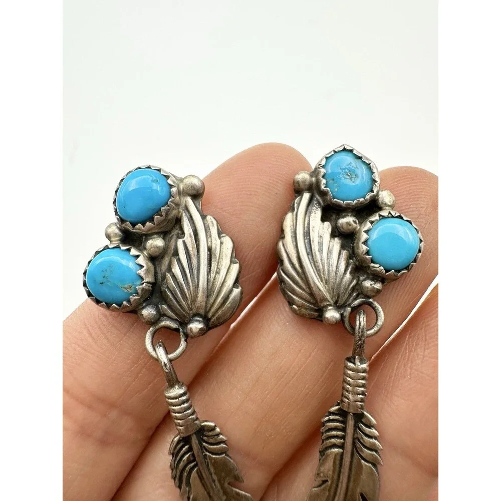 NAVAJO Signed RB TURQUOISE DANGLES STERLING SILVER EARRINGS FEATHER - For Repair